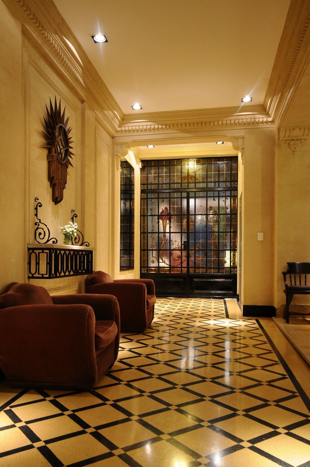Lobby with a checkered floor and decor