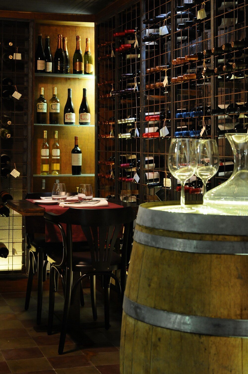 Wine cellar with shelves of wine bottles