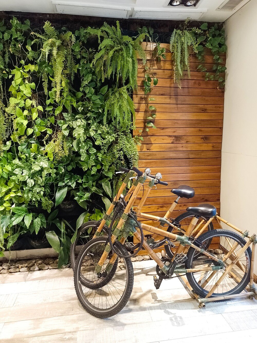 An eine Holzwand gelehntes Fahrrad
