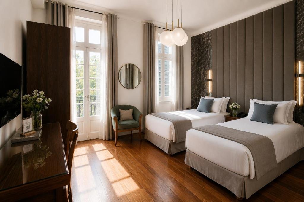 Elegantes Gästezimmer mit Parkettboden und großen Fenstern im Duque Hotel