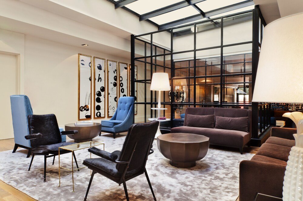 Modern lounge area with a glass wall